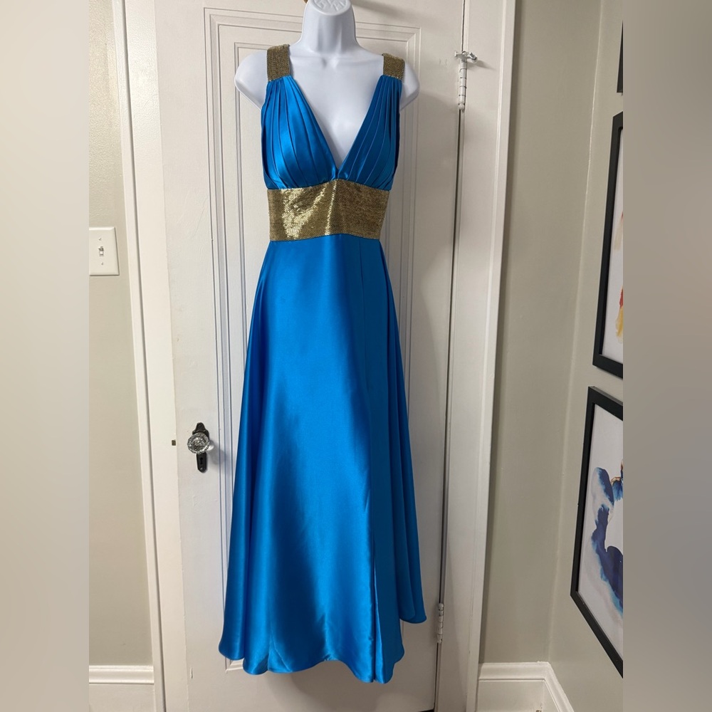 Jovani Elegant Blue and Gold beaded  Evening Dress size 4